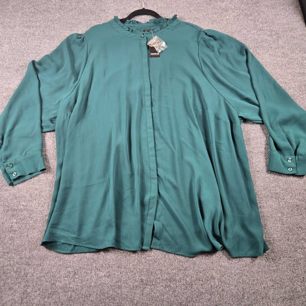 Torrid Ruffle Neck Button Down Blouse Womens 6 Green Long Sleeve Flowy Top